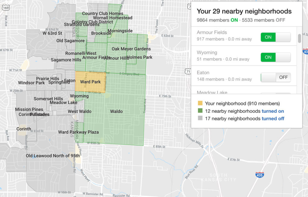 screenshot of Nextdoor neighborhoods map and toggle settings